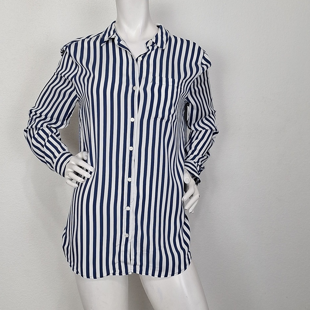 Jane and Delancey "NEW" Navy Blue & White Striped Button Down Shirt Size M